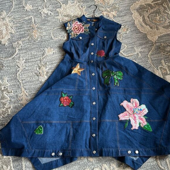 Ashro sleeveless Dress denim look faux patch pockets buttondown sequin stretch 8 - Picture 1 of 17